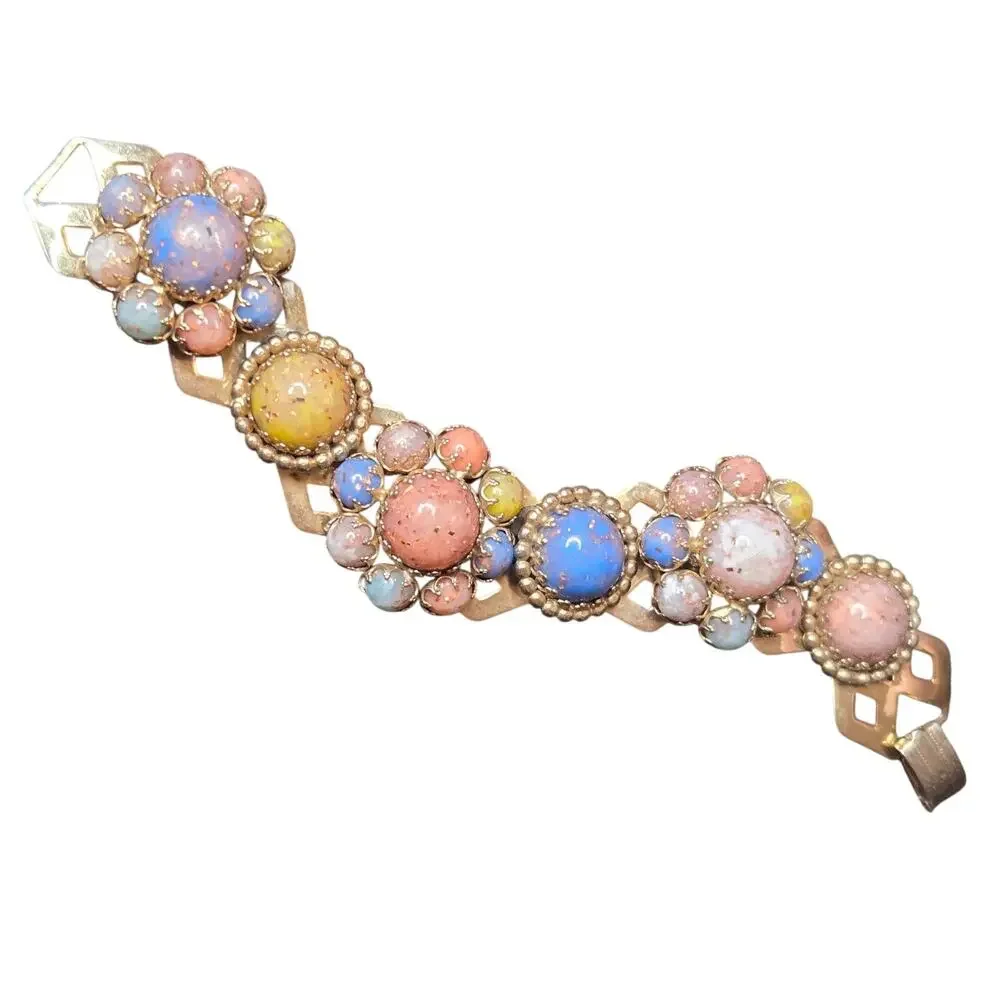 Vintage Victorian Revival Jeweled Link Panel Bracelet Gold Tone Pastel Cabochon